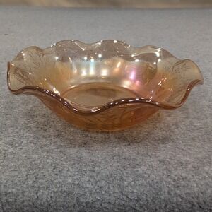 Vintage Jeanette Glass Iridescent Floragold Ruffle Edge Bowl Lotus Flower